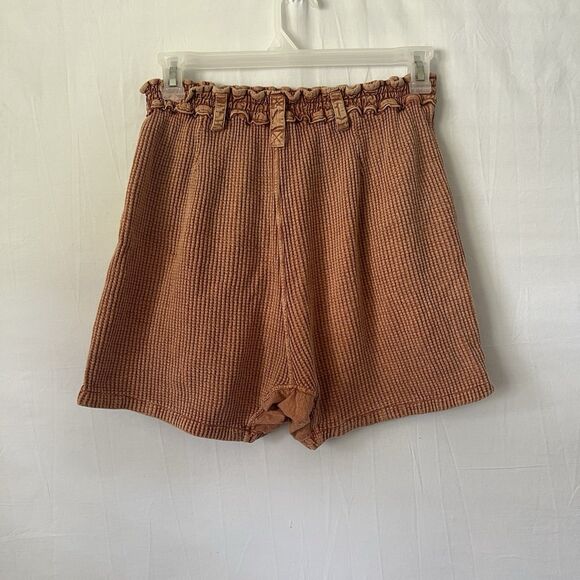 Free People rust waffle shorts paperbag waist contrast Thermal Knit pockets SZ S - Picture 2 of 7